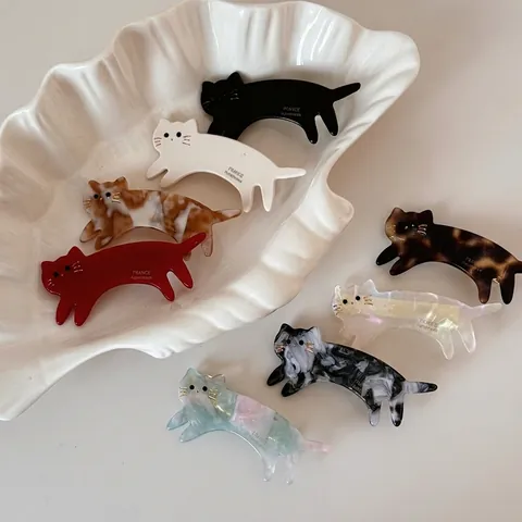 Graziosa Clip per Capelli in Acetato a Forma di Gatto per Donna Design Animale Fatto a Mano Motivo Tartarugato Marmoreo Accessorio