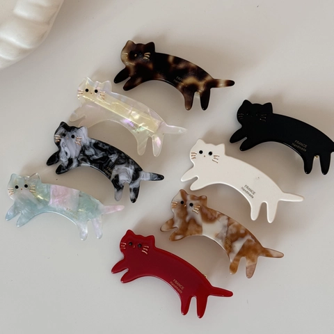 Graziosa Clip per Capelli in Acetato a Forma di Gatto per Donna Design Animale Fatto a Mano Motivo Tartarugato Marmoreo Accessorio