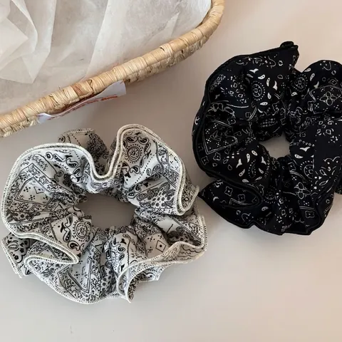 Vintage Paisley Print Fabric Hair Scrunchie Retro Black White Bohemian Large Hair Band Elegant Hair Tie Accessory