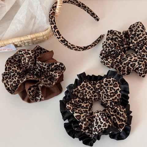 Coletero de Tela con Estampado de Leopardo Vintage Lazo para el Cabello Elástico Hecho a Mano Diadema Retro Accesorios para Mujer