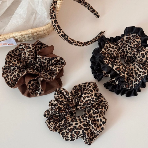 Coletero de Tela con Estampado de Leopardo Vintage Lazo para el Cabello Elástico Hecho a Mano Diadema Retro Accesorios para Mujer