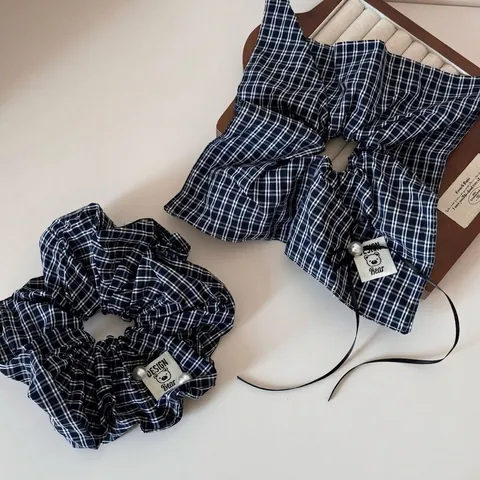 Elastici per Capelli Vintage a Quadretti con Toppa a Orso e Fiocco con Perla Artificiale Accessori per Capelli Donna Stile Francese