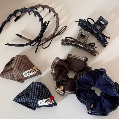 Ensemble de Pinces à Cheveux à Carreaux Vintage pour Femmes Style Coréen Serre-tête à Nœud et Chouchou en Tissu de Coton