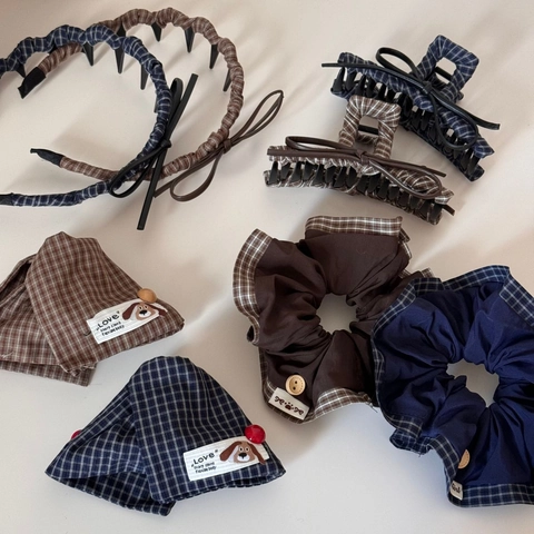 Ensemble de Pinces à Cheveux à Carreaux Vintage pour Femmes Style Coréen Serre-tête à Nœud et Chouchou en Tissu de Coton