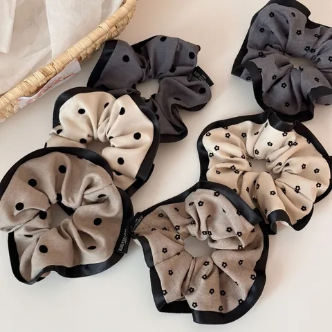 Vintage French Floral Polka Dot Fabric Scrunchies With Satin Edge Blind For Love Woven Label Large Hair Ties For Women