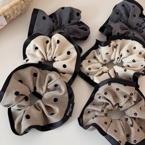 Vintage French Floral Polka Dot Fabric Scrunchies With Satin Edge Blind For Love Woven Label Large Hair Ties For Women
