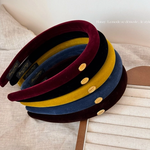 Diadema de Terciopelo Acolchada Vintage para Mujer Con Etiqueta de Metal Happy Smile Accesorios para el Cabello Retro Color Sólido