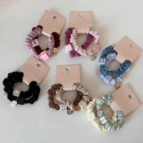 Women Pleated Fabric Scrunchies Set Square Resin Bead Alloy Pendant Elastic Hair Band Simple Hair Accessories For Girls