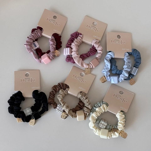 Women Pleated Fabric Scrunchies Set Square Resin Bead Alloy Pendant Elastic Hair Band Simple Hair Accessories For Girls
