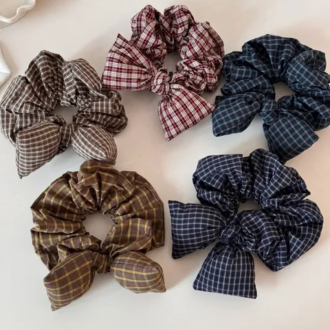 Chouchou à Nœud Plaid Style Preppy Large Élastique à Cheveux Vintage Support de Queue de Cheval Doux Accessoires Cheveux Femme