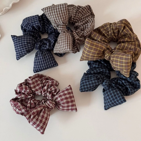 Chouchou à Nœud Plaid Style Preppy Large Élastique à Cheveux Vintage Support de Queue de Cheval Doux Accessoires Cheveux Femme