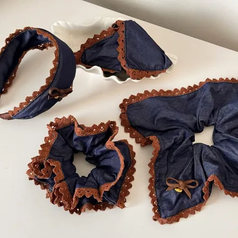 Ensemble de Chouches en Denim Vintage avec Dentelle Style Coréen Nœud Marron Serre-Tête Pinces à Cheveux pour Femmes Bijoux