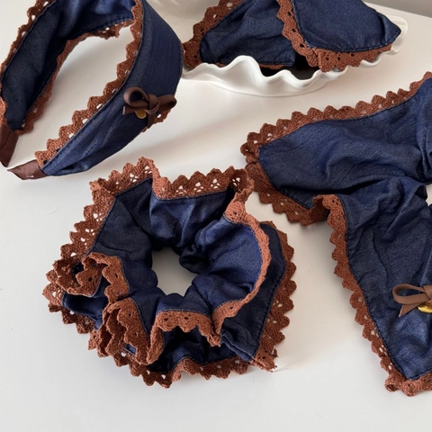 Ensemble de Chouches en Denim Vintage avec Dentelle Style Coréen Nœud Marron Serre-Tête Pinces à Cheveux pour Femmes Bijoux