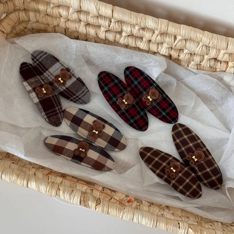 Fermaglio per Capelli Coreano in Tessuto Plaid con Orsetto di Peluche Floccato Fermaglio per Frangia Ovale Accessori per Capelli da Donna
