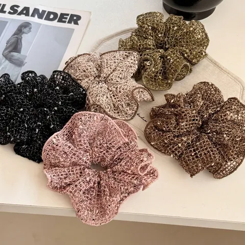 Koreaanse Stijl Holle Visnet Mesh Scrunchies Voor Vrouwen Handgemaakte Geplooide Stof Grote Haarelastiek Retro Elastische Haarband Accessoire