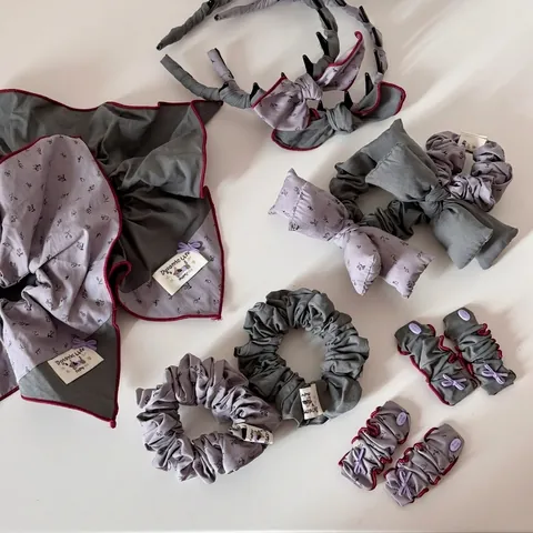 French Style Grey Purple Floral Fabric Scrunchie Set Bow Hair Tie Elegant Headband Handmade Bun Holder For Women Accessory