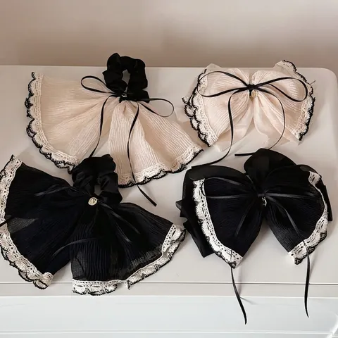 Französischer Vintage Plissee Spitze Haargummi Süße Schleife Haarklammer Chiffon Stoff Haarseil Mit Metall Anhänger Ponytail Accessoires Für Damen