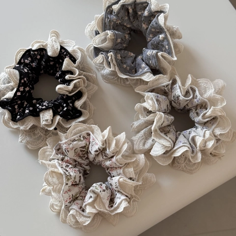 French Floral Lace Trim Scrunchie For Women Fabric Handmade Hair Tie Sweet Elegant Ruffled Ponytail Holder Fashion Hair Accessories