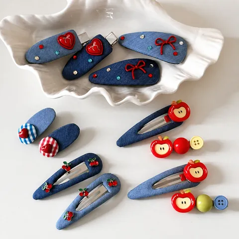 Korean Style Denim Fabric Hair Clips Sweet Heart Apple Cherry Bowknot Rhinestone Snap Clips Women Girls Hair Accessories