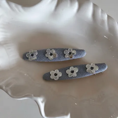 Molletta Per Capelli In Tessuto Denim Con Fiori A Cuore Vuoti Argentati Elegante Clip In Stile Coreano Per Decorazione Quotidiana Donna