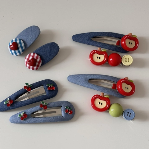 Korean Style Denim Fabric Hair Clips Sweet Heart Apple Cherry Bowknot Rhinestone Snap Clips Women Girls Hair Accessories