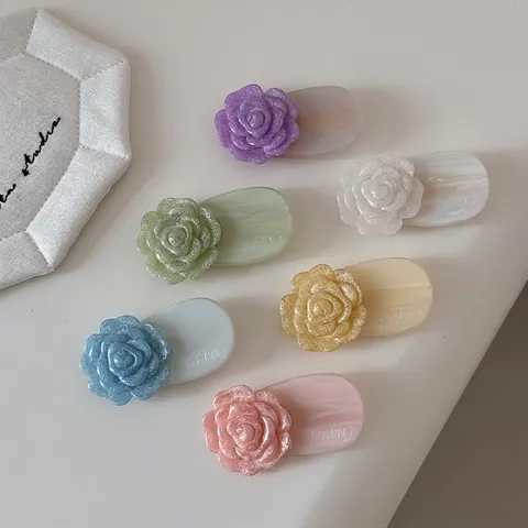 Barrettes à Cheveux en Résine Forme de Fleur de Camélia Style Français Miroitement Pince à Frange pour Femmes Accessoire Quotidien