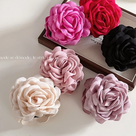 Grande Pinza per Capelli a Forma di Rosa in Tessuto Vintage Francese Elegante Camelia Shark Clip per Donna Accessori Capelli Festa