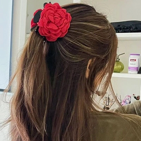 Grande Pinza per Capelli a Forma di Rosa in Tessuto Vintage Francese Elegante Camelia Shark Clip per Donna Accessori Capelli Festa