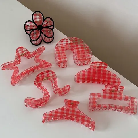 Red Gingham Plaid Hair Claw Clip For Women Korean Style Acrylic Plastic Checkerboard Hair Catch Barrette Accessories