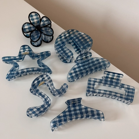 Dark Blue Gingham Hair Claw Clips Acetate Checkerboard Shark Clips Minimalist Floral Star Shape Hairpins Accessories For Women