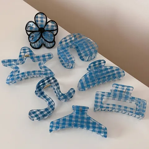 Molletta per Capelli Blu Chiaro a Quadri Gingham Minimalista in Acrilico per Donna Accessori Quotidiani per Capelli