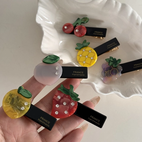 Fermaglio per Capelli Dolce in Acetato con Strass a Forma di Frutta Fatto a Mano Fragola Pesca Ananas Accessori Moda Donna