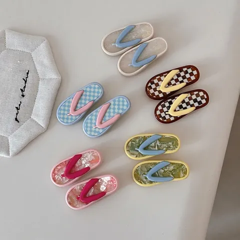 Kreative Flip-Flop Form Zelluloseacetat Haarspange Karomuster Marmormuster Sommer Urlaub Entenschnabelclip Für Damen