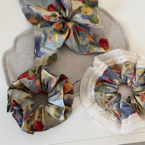 Vintage Oil Painting Floral Fabric Scrunchies For Women Handmade Retro Elastic Hair Bands Hair Ties Accessories