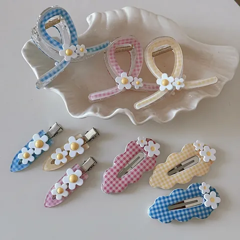 Süße Koreanische Gingham Gänseblümchen Haarklammer Elegante Acryl Karierte Haarkralle Für Damen Mädchen Frische Florale Haaraccessoires