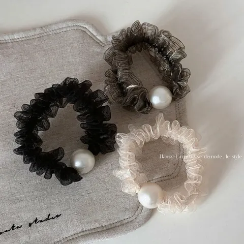 Elegant Mesh Organza Scrunchies For Women With Artificial Pearl Pleated Hair Tie High Elasticity Solid Color Hair Accessories