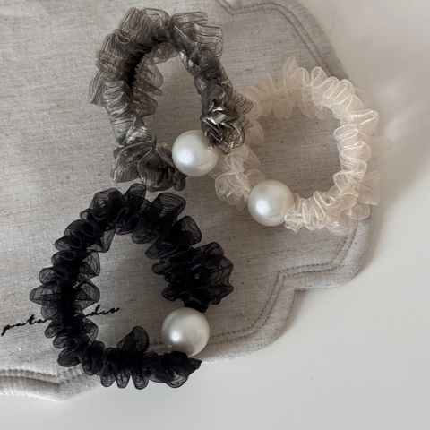 Elegant Mesh Organza Scrunchies For Women With Artificial Pearl Pleated Hair Tie High Elasticity Solid Color Hair Accessories