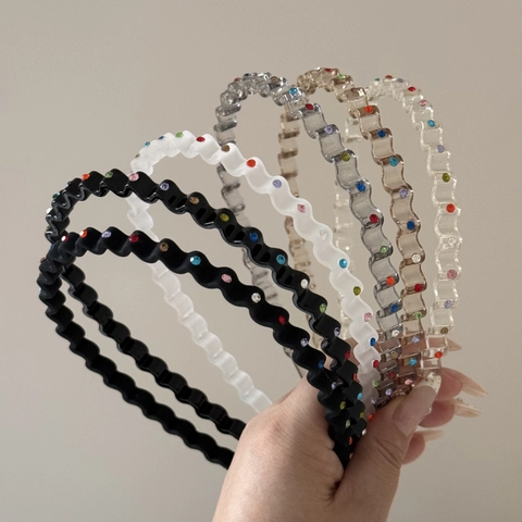 Fashion Colorful Rhinestone Wavy Zig Zag Headband For Women Non-Slip Resin Hair Band Sweet Style Daily Makeup Hair Jewelry