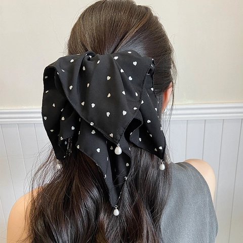 Molletta per Capelli a Fiocco con Cuore e Pois Stile Coreano con Pendente in Perla Artificiale Clip a Artiglio per Donna