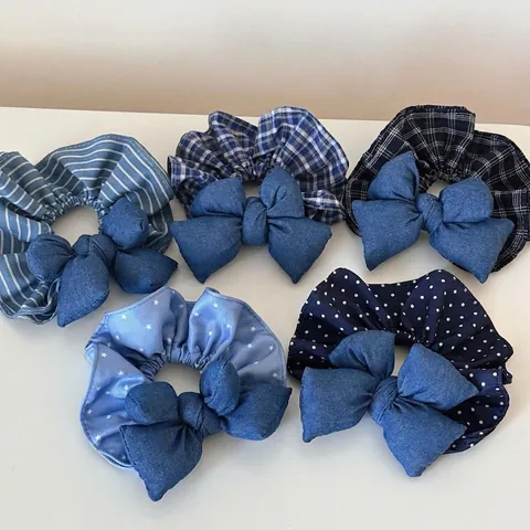 Scrunchie in Stile Coreano Denim Blu Plaid Pois Stella Striscia Fiocco Imbottito Grande Elastico per Capelli in Tessuto Donna