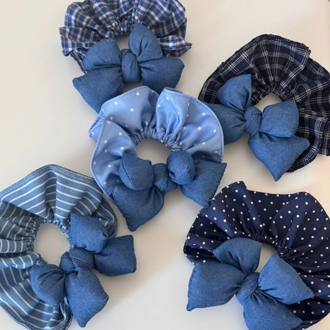 Scrunchie in Stile Coreano Denim Blu Plaid Pois Stella Striscia Fiocco Imbottito Grande Elastico per Capelli in Tessuto Donna