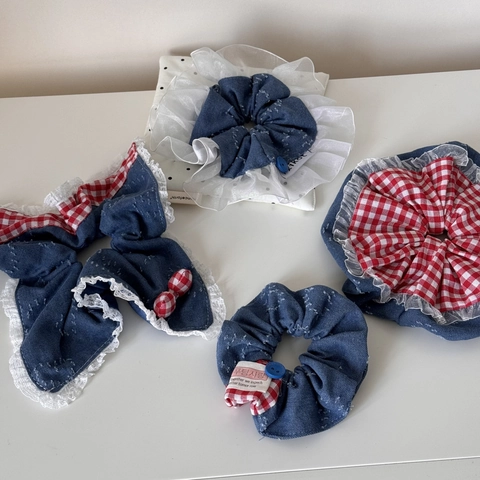 Vintage Denim Quadri Rossi Scrunchie Con Bordo in Pizzo Bottone Decorazione Stile Coreano Elastico per Capelli per Donne Ragazze