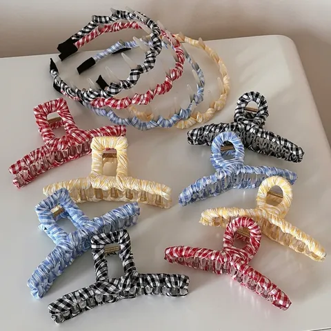 Fermaglio per Capelli Coreano in Tessuto Gingham Pinza Grande a Quadretti Cerchietto Antiscivolo per Donna Ragazze Accessori