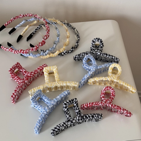 Fermaglio per Capelli Coreano in Tessuto Gingham Pinza Grande a Quadretti Cerchietto Antiscivolo per Donna Ragazze Accessori