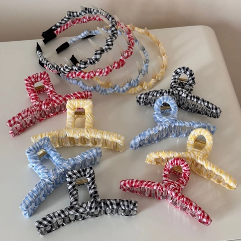 Koreanische Süße Gingham Stoff Umwickelt Haarkralle Große Karo Hai Clip Rutschfeste Stirnband Für Damen Mädchen Haarschmuck