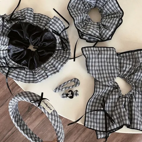 Vintage Black White Plaid Hair Accessories Set Korean Style Gingham Scrunchie Headband Hair Clips For Women Girls Headwear