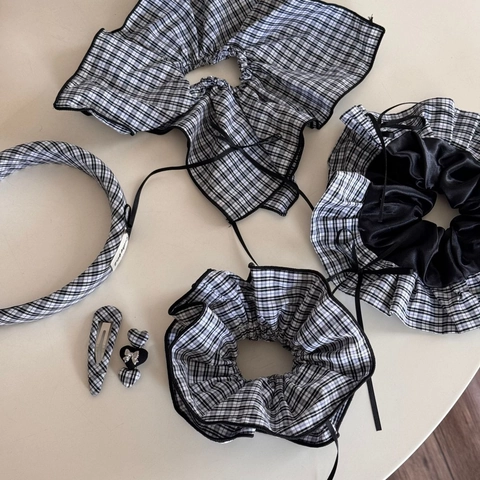 Vintage Black White Plaid Hair Accessories Set Korean Style Gingham Scrunchie Headband Hair Clips For Women Girls Headwear