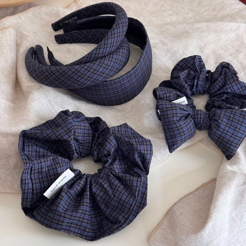 Vintage Blau Schwarz Kariert Gepolstertes Stirnband Für Damen Stoff Karo Schwamm Haarreif Schleife Haargummi Set