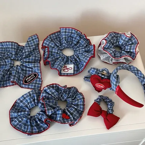 Korean Style Red Blue Plaid Hair Accessories Fabric Ruffled Scrunchies Heart Embroidery Headband Bow Hair Tie For Women Girls