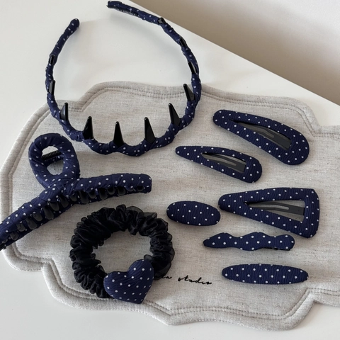 Navy Blue Polka Dot Fabric Hair Accessories Set Retro Sweet Heart Scrunchie Headband Triangle Waterdrop BB Clips For Women